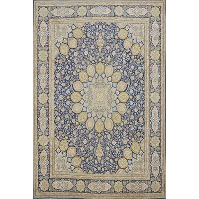 Hand Knotted Oriental 100% Wool Carpet Traditional Floral Navy Blue & Blues Kerman Area Rug - 13' 4'' X 10' 0''