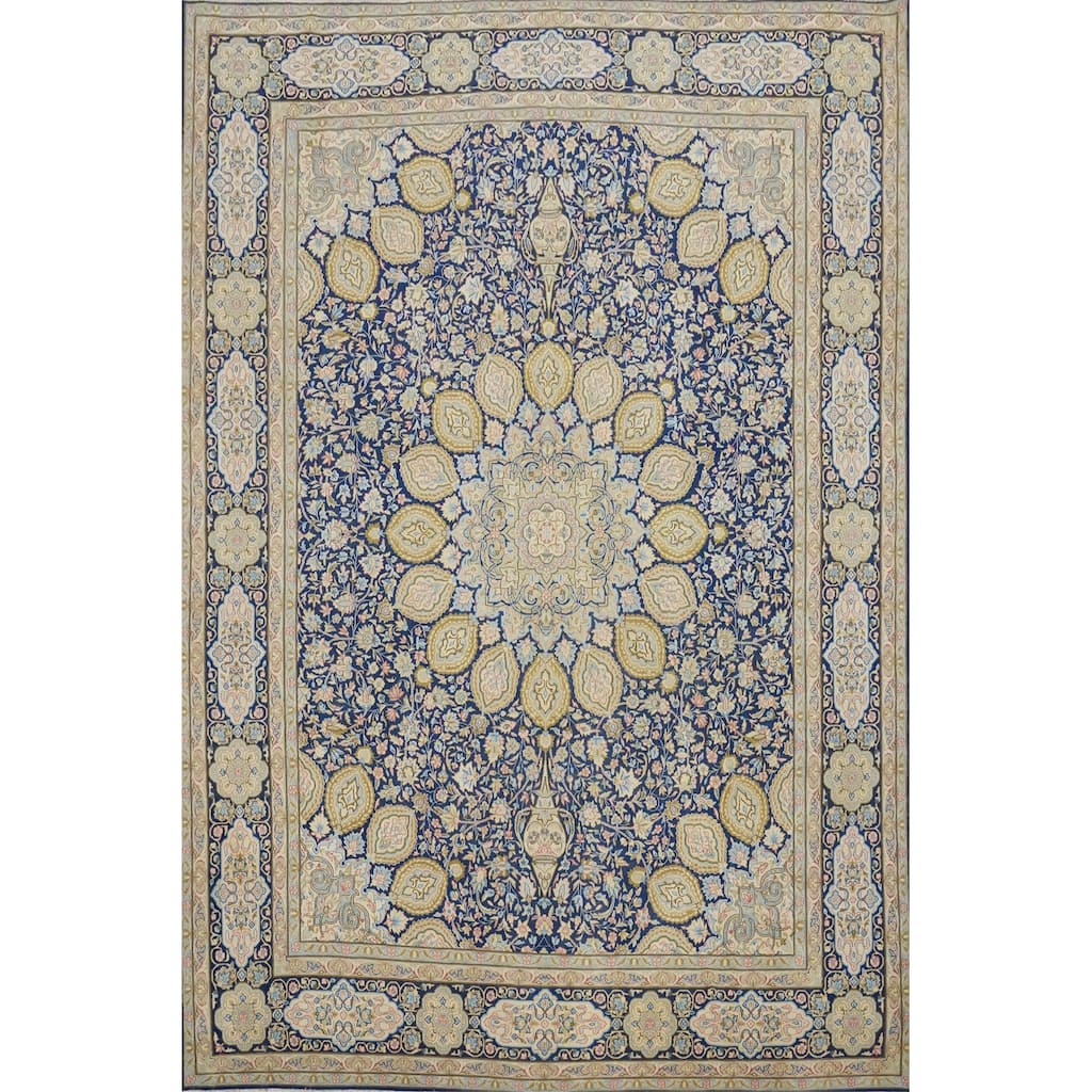 Hand Knotted Oriental 100% Wool Carpet Traditional Floral Navy Blue & Blues Kerman Area Rug - 13' 4'' X 10' 0''