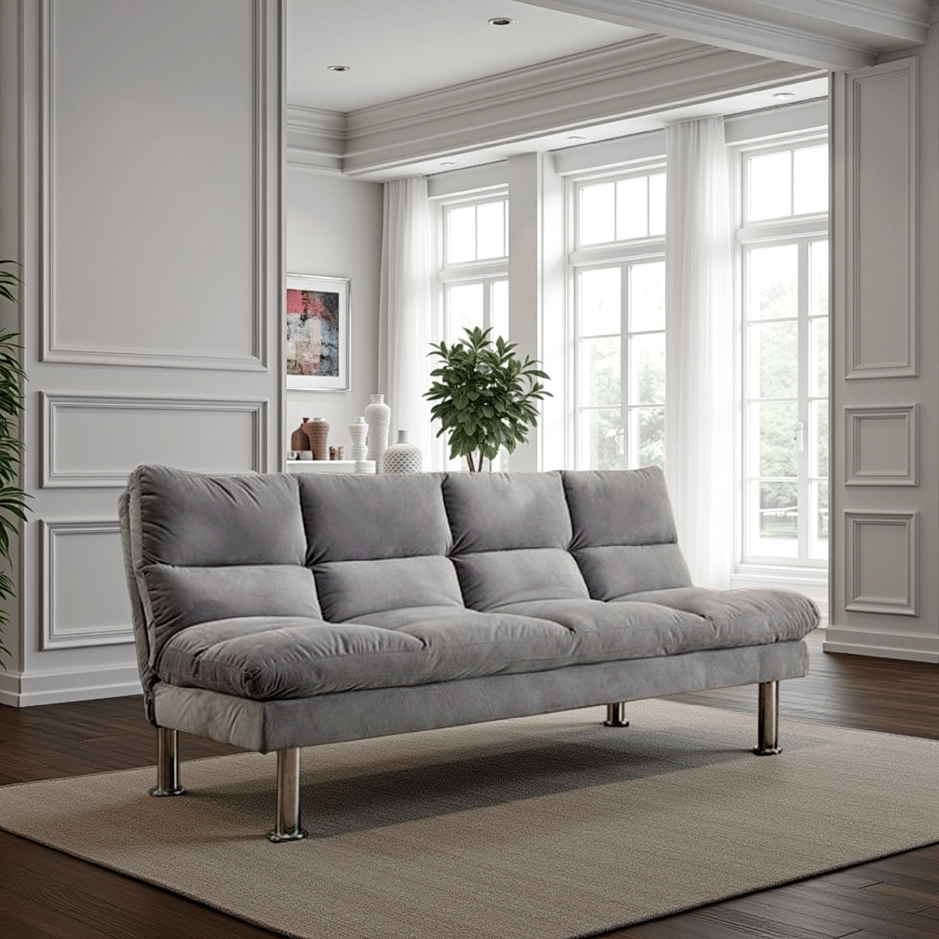 Fabric Upholstered Futon Sofa with Metal Base, Gray and Silver