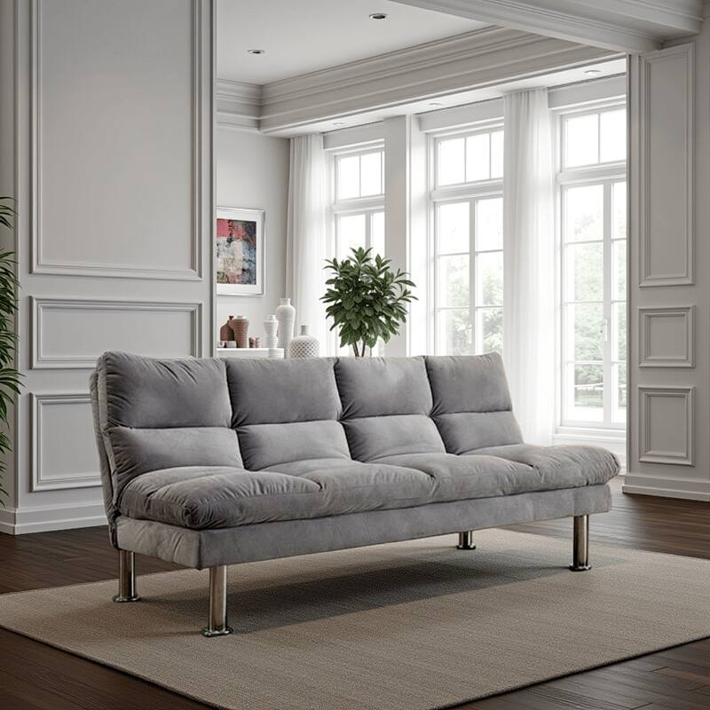 Fabric Upholstered Futon Sofa with Metal Base, Gray and Silver