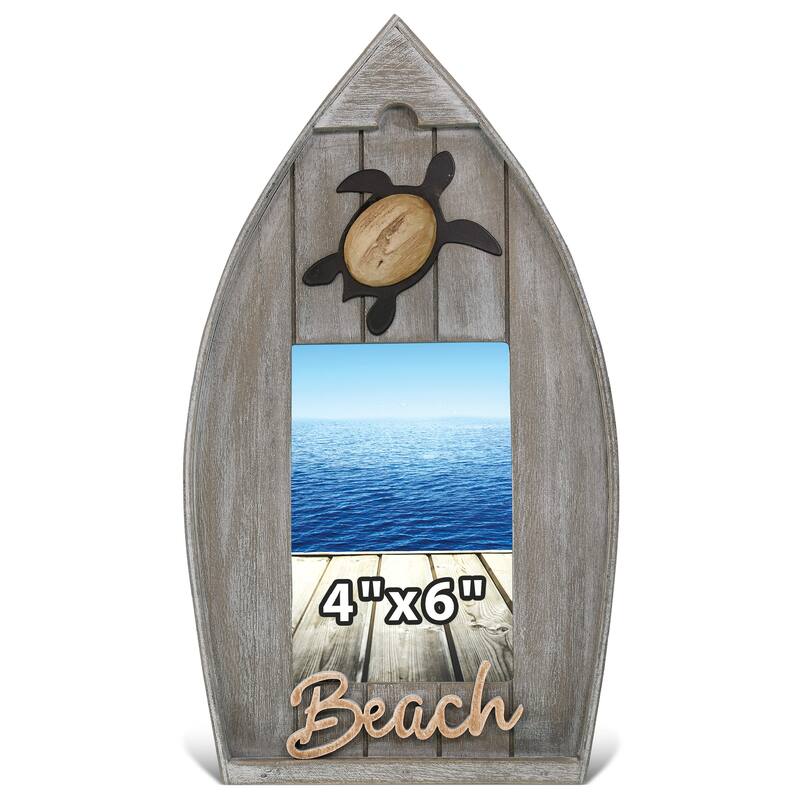 CoTa Global Grey Distressed Wood Coastal Sea Turtle Boat 4×6 Frame - 12.5 inches