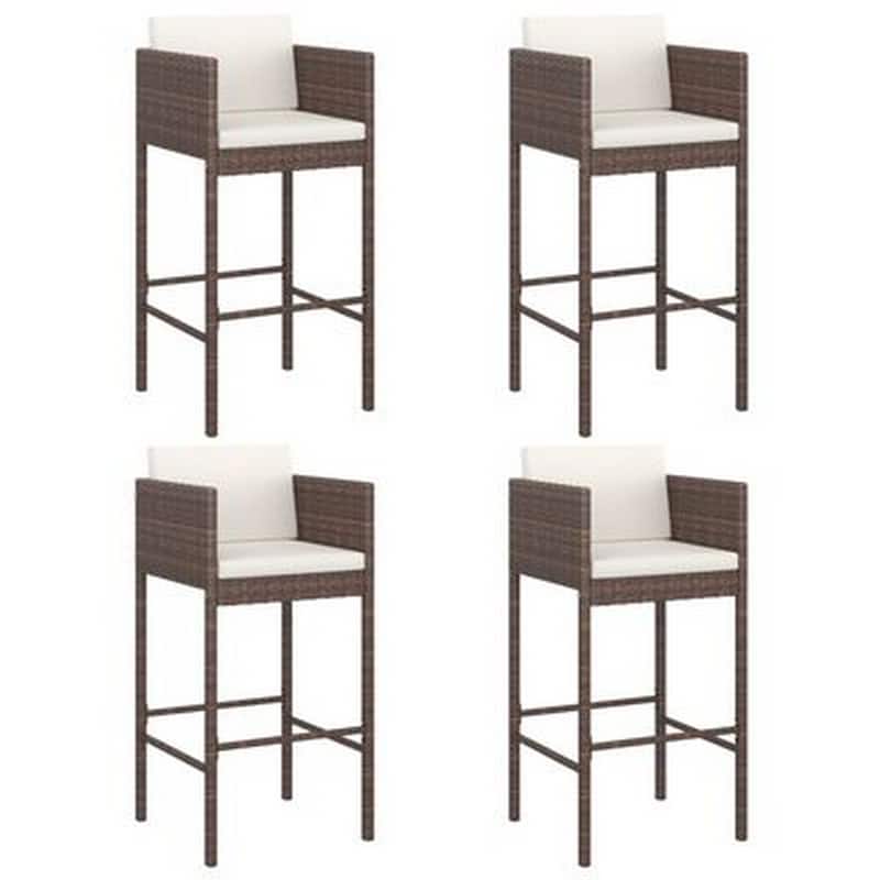 4pc Outdoor Barstool Chair Set, White Cushion, Brown Rattan, 30 Inch