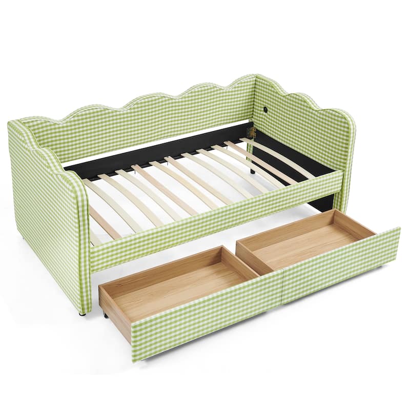 Twin Size Gingham Linen Upholstered Daybed with 2 Storage Drawers, USB Charging Station & Waved Arms