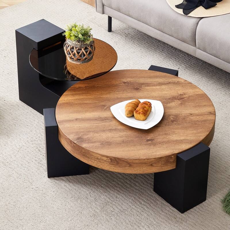 Modern Detachable Round Coffee Table - Double-Layer Brown Glass Top & Black L-Shaped Legs