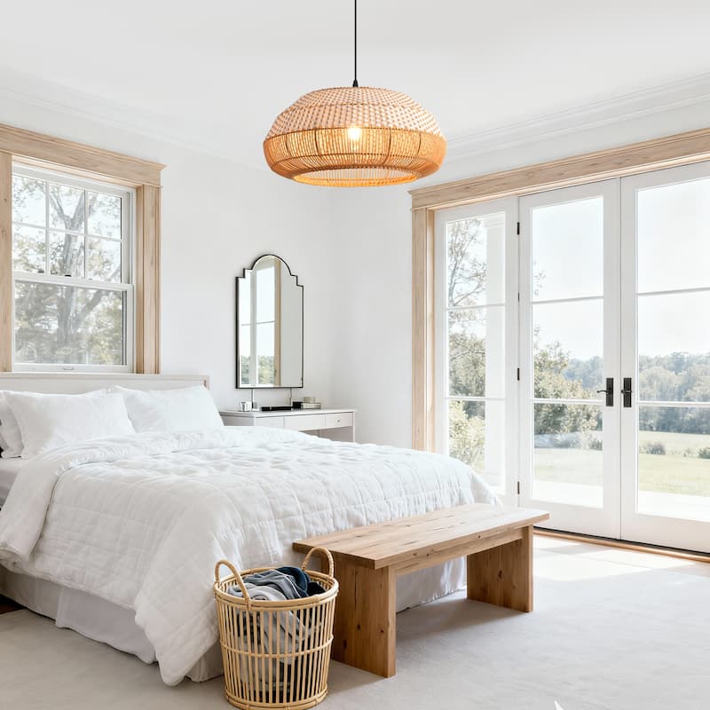 18.9" Boho White Hand Woven Rattan Caged Pendant Light for Kitchen Island, Dining Room and Living Room