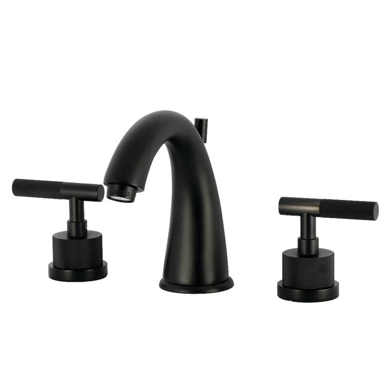 Kingston Brass Convergent Two-Handle 3-Hole Deck Mount Widespread Bathroom Faucet with Knurled Handle and Brass Pop-Up Drain - Matte Black