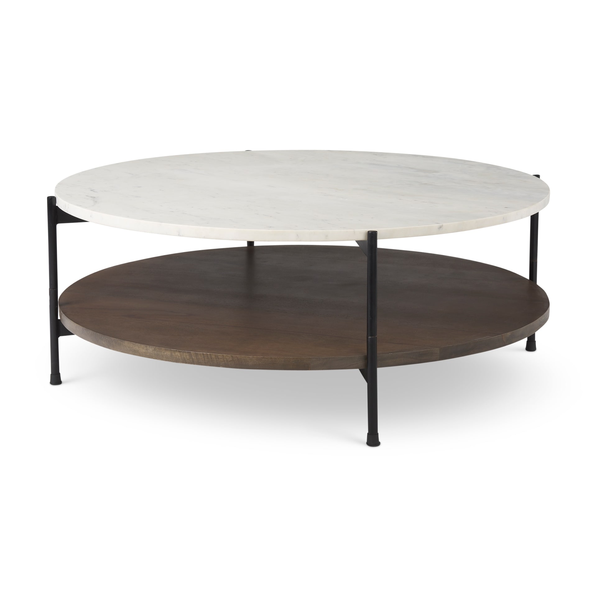Larkin 42" Round Two-Tier Marble Top and Solid Wood Shelf w/ Black Metal Frame Coffee Table