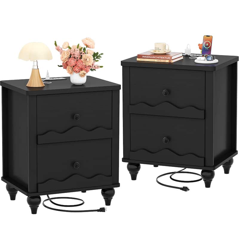 Modern Nightstand with Charging Station, Side End Table with 2 Drawers