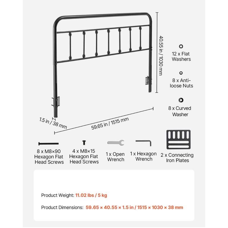 Black Metal Vintage Bed Frame Queen Size Headboard with Carbon Steel Construction