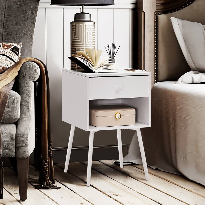 Javlergo Mid-century Modern Nightstand Set of 2 for Bedroom with Storage Drawer and Shelf, Small Side End Table for Living Room