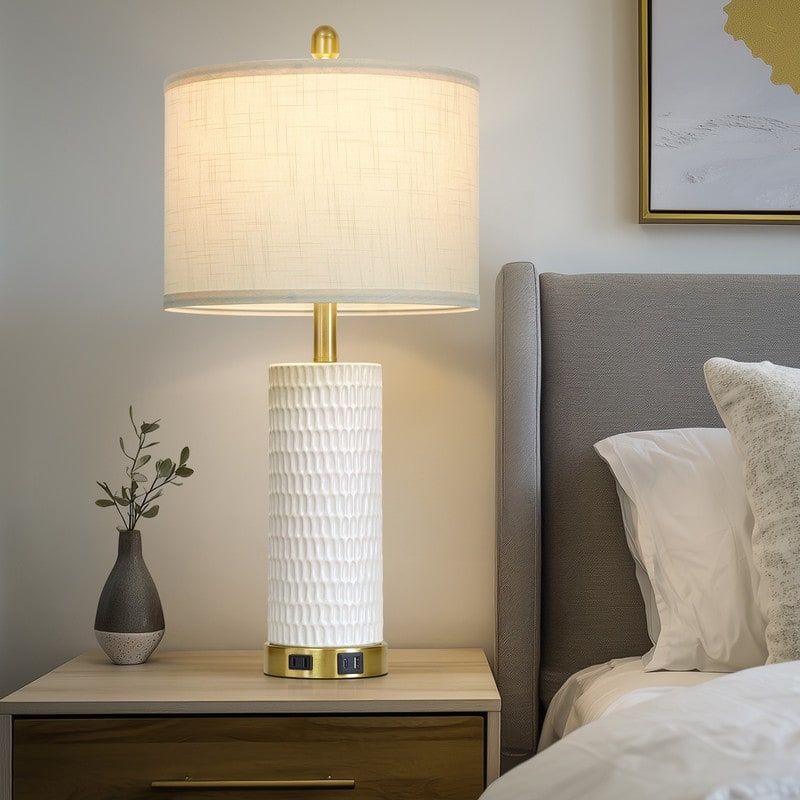 27'' White Elegant Table Lamps with USB-C Fast Charging, Ceramic Fixture(Set of 2 ) - 13'' x 13'' x 27'' - 13'' x 13'' x 27'' - White