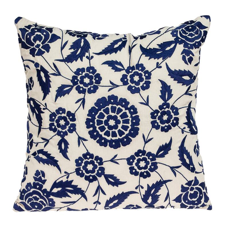 Handmade Floral Square Cotton Throw Pillow - 22" - Beige and Blue