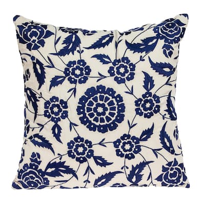Handmade Floral Square Cotton Throw Pillow - 22" - Beige and Blue