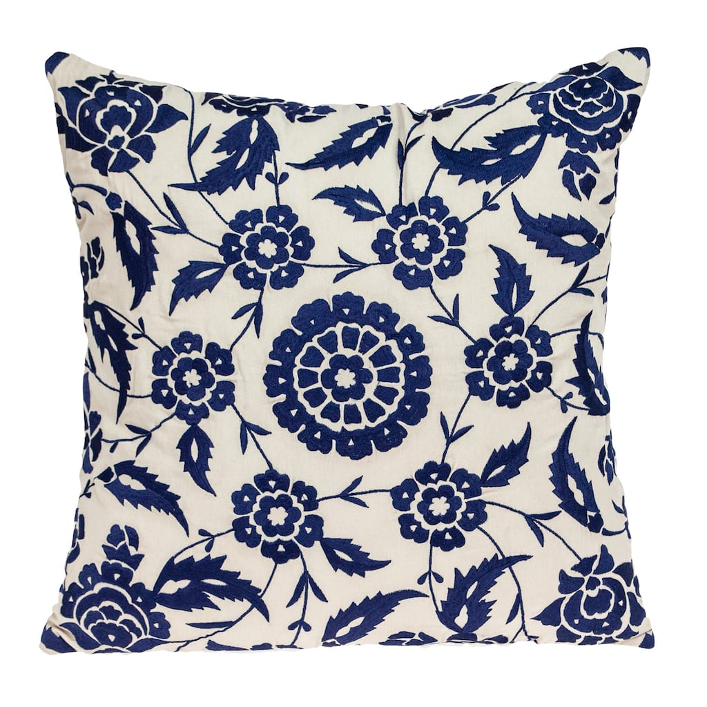 Handmade Floral Square Cotton Throw Pillow - 22" - Beige and Blue