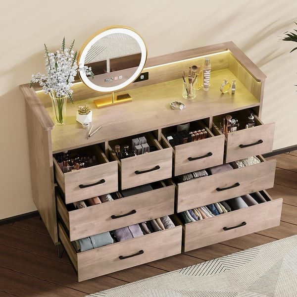 modern dresser vanity RGB Gaming/Makeup Vanity Dresser, 8-Drawer, Charging Station, 3 AC Outlets/2 USB Ports, Music-Syncing LEDs, 60000+ Colors