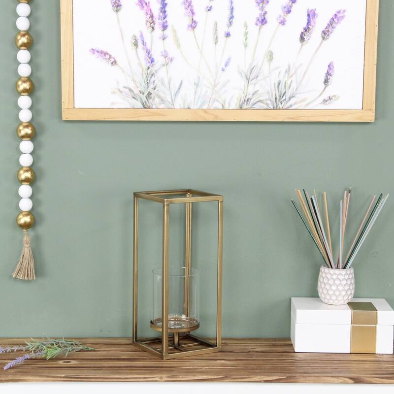 Small Square Framed Candle Lantern with Glass Insert - 13" - Gold