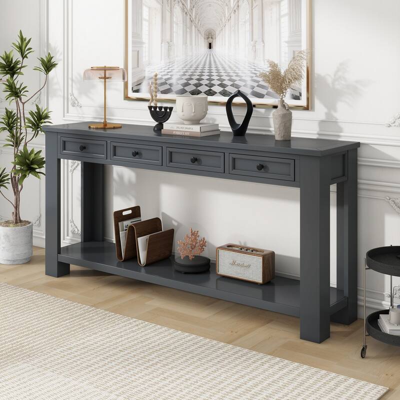 Rustic Wood Console Table Entry Hallway Table, 63" Rectangular Sofa Side Table with 4 Storage Drawers and Bottom Shelf