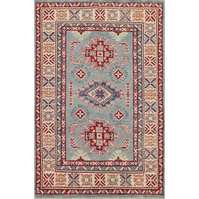 Geometric Blue Kazak Accent Rug Hand-Knotted Wool Carpet - 3'4" x 5'3"