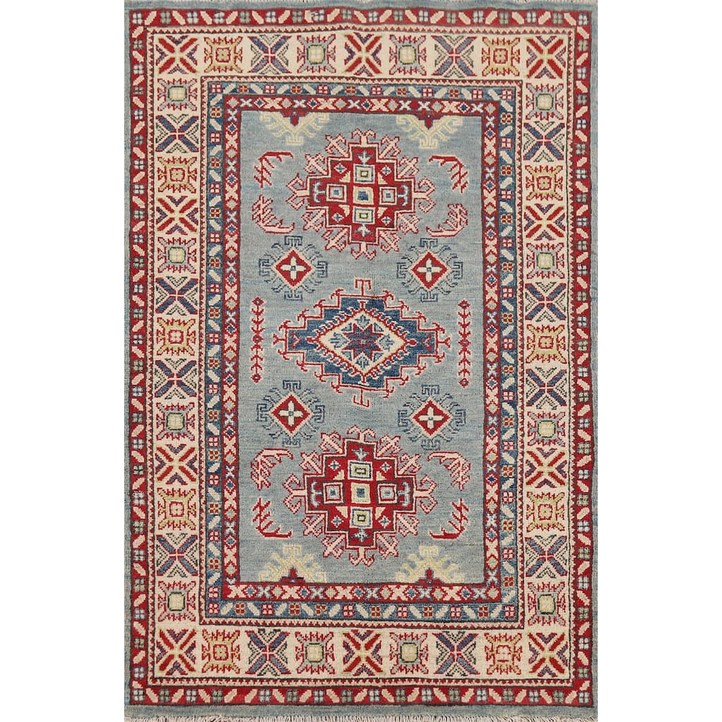 Geometric Blue Kazak Accent Rug Hand-Knotted Wool Carpet - 3'4" x 5'3"