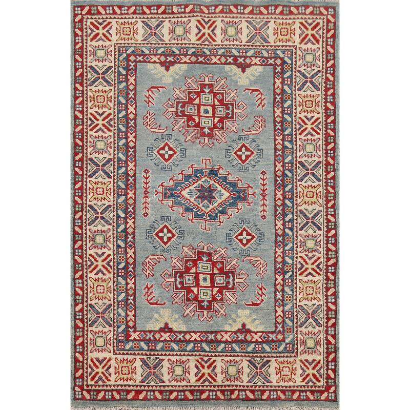 Geometric Blue Kazak Accent Rug Hand-Knotted Wool Carpet - 3'4" x 5'3"