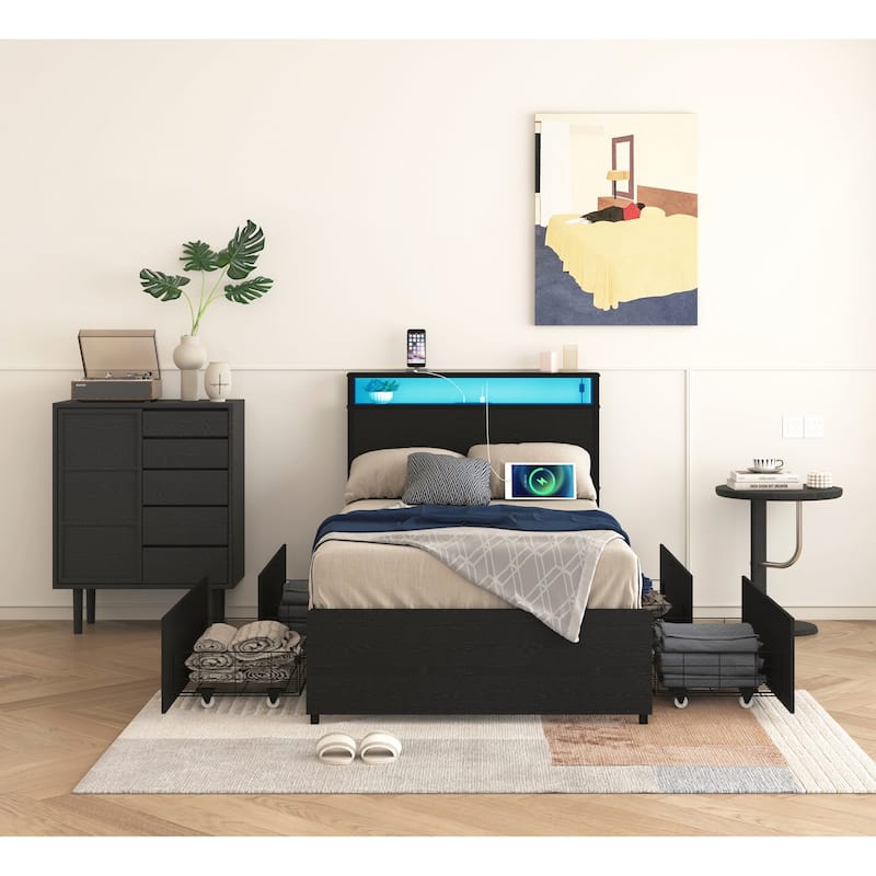 Twin Bed Frame with Storage Headboard and Charging Station