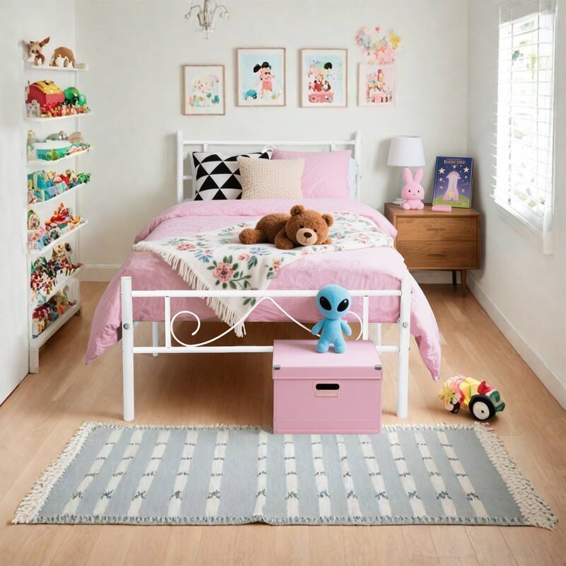 Homy Casa Twin Size White Metal Bed Frame, Clip-In Slats, Center Support, 12" Storage, Noise-Free Platform Bed, No Box Spring