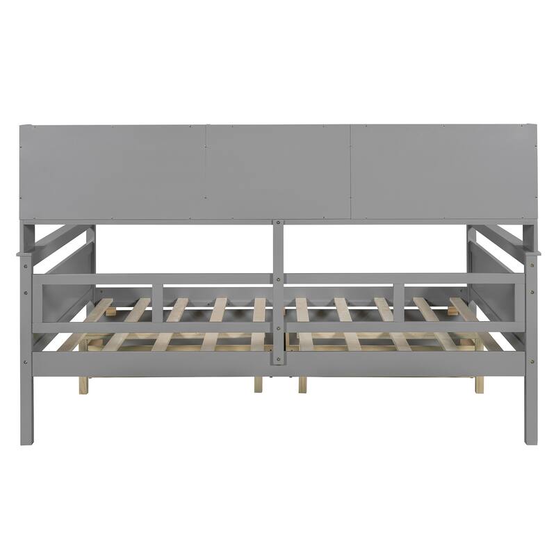 Full Size Daybed with Wood Slat Support, Bedside Shelf, and Two Drawers in Gray