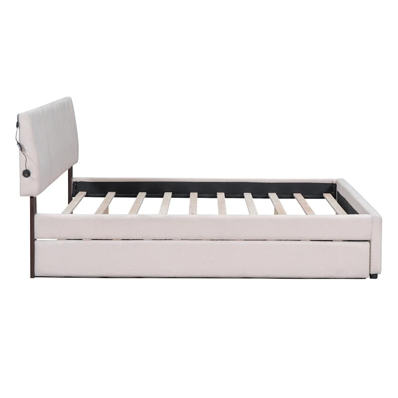 Teddy Fleece Queen Size Upholstered Platform Bed with Trundle