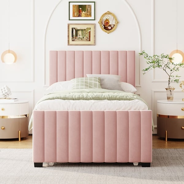 slide 2 of 33, Twin Size Velvet Upholstered Platform Bed with Twin Size Trundle