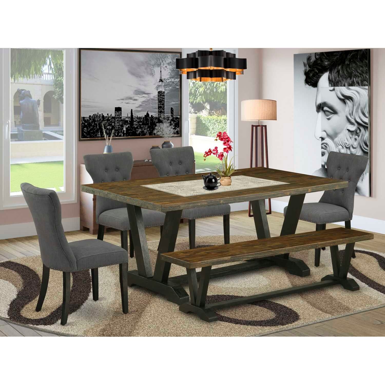 Rustic Dining Table Set 6-Piece - Modern Farmhouse Table, Chairs & Bench - Dark Grey Linen Fabric Upholstery