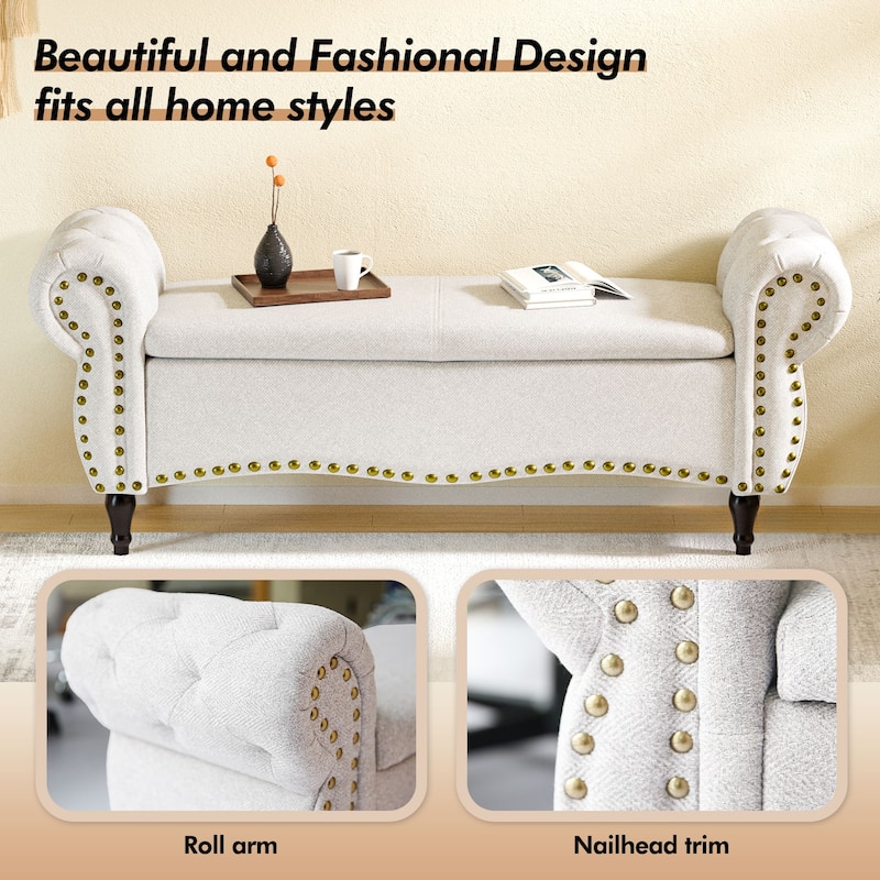 53 in Tufted Bench with Safety Hinge and Rolled Arm End of Bed Storage