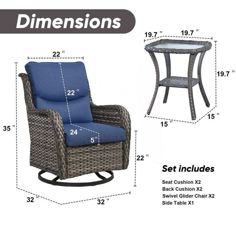 Pocassy Outdoor Glider Chairs Table with 4Inch 5Inch 6Inch Cushion