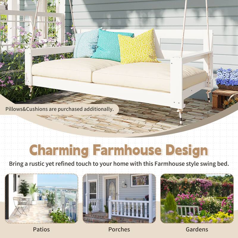 Rustic Elegance Acacia Wood Swing Bed, Farmhouse Daybed with 4 Stylish Colors & 350lb Capacity