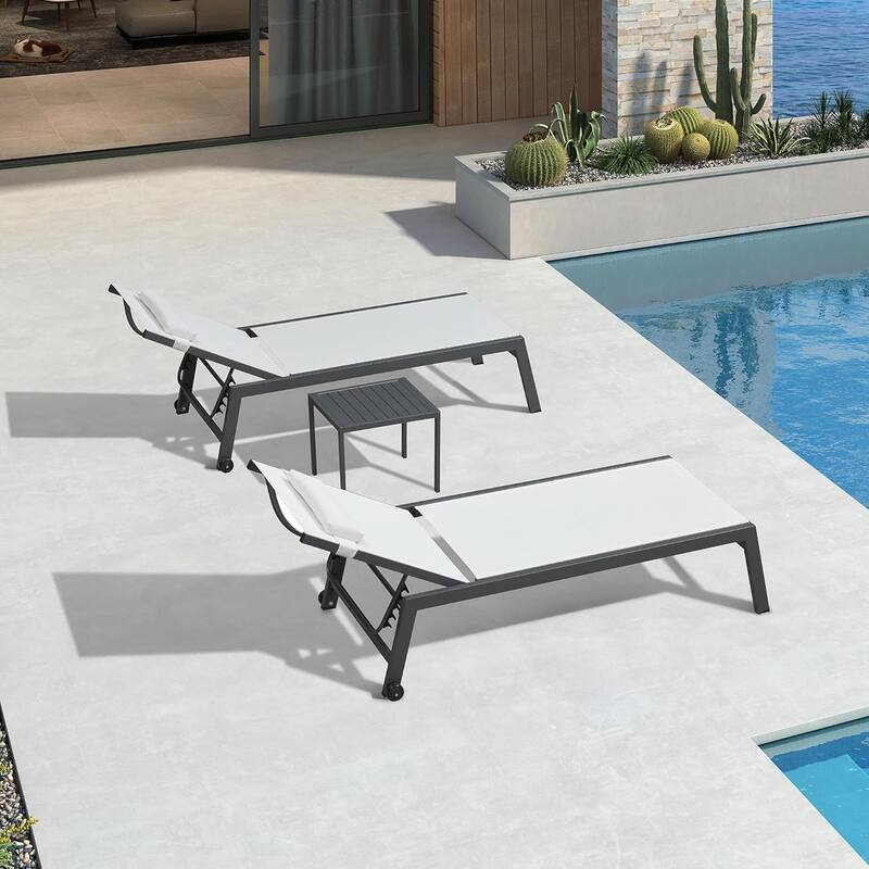 PURPLE LEAF Lounge Chair Set for Outside Aluminum Patio Recliner with Side Table and Pillow Beach Sunbathing Tanning Chairs - Oversized(White)