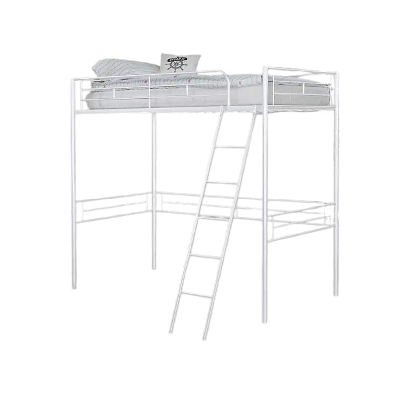 Mylz Twin Loft Bed, 61 Inch, White Metal Frame, Attached Angled Ladder