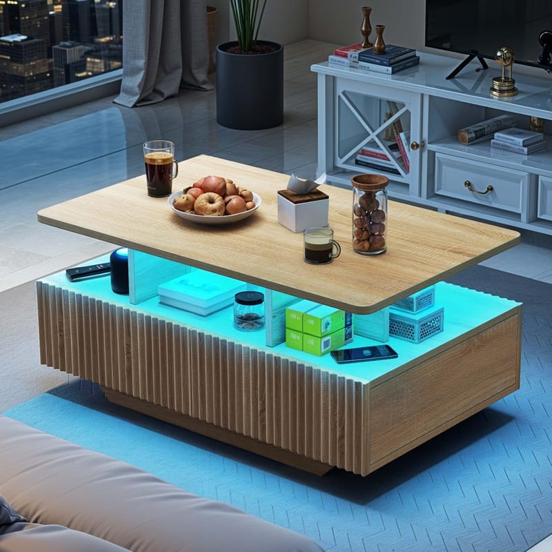 Moasis Modern Glossy Coffee Table with Drawers & LED Lights for Living Room