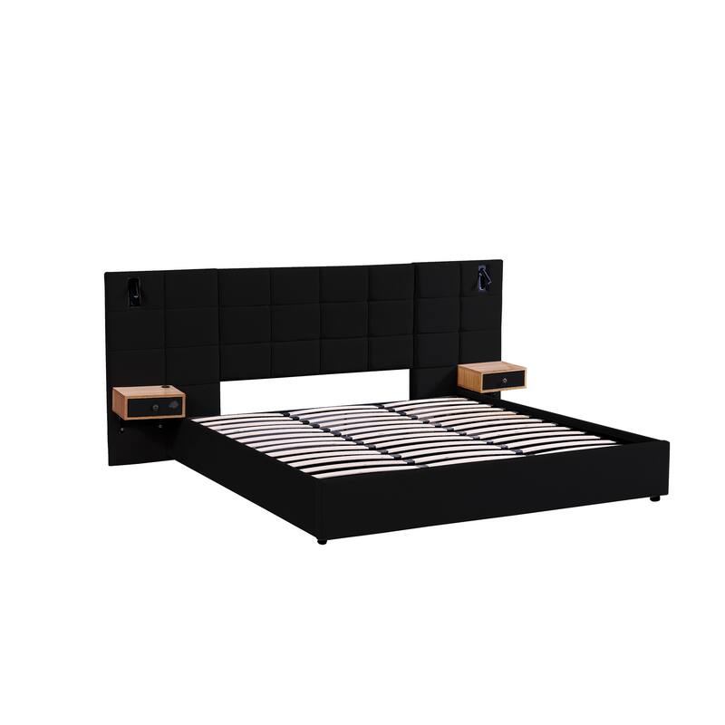 King Size Velvet Upholstered Hydraulic Platform Bed with Storage, Shelves, Reading Lamps, and USB Port