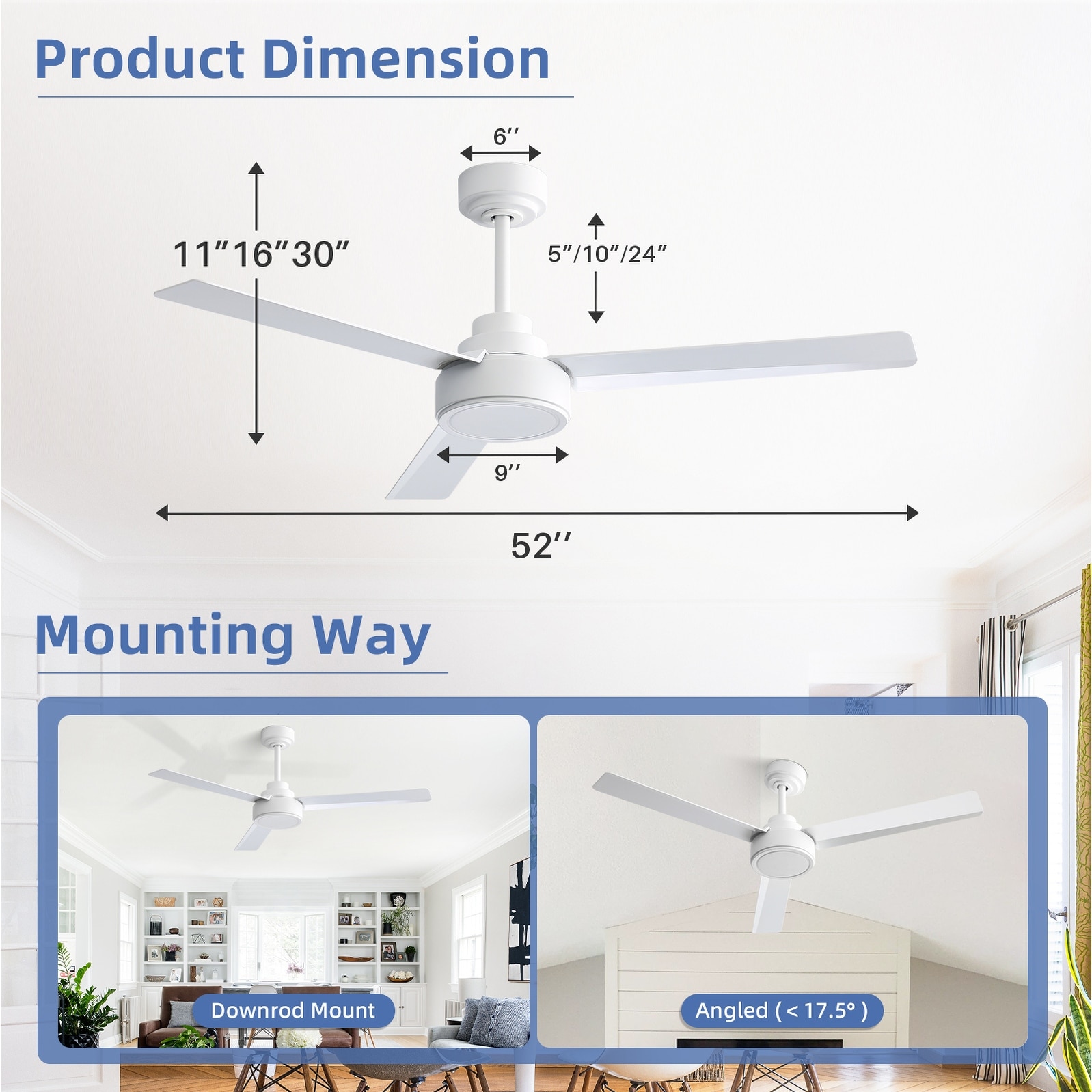Sofucor 52 In. Integrated LED Indoor/Outdoor White Ceiling Fan With Light Kit And Remote Control Kyl5247whym