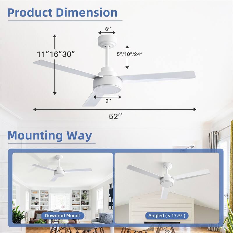 Sofucor 52Inch Ceiling Fan with Remote(No Light),Indoor Outdoor,6-Speed with 3 ABS Blades,Farmhouse,Quiet Reversible DC Motor