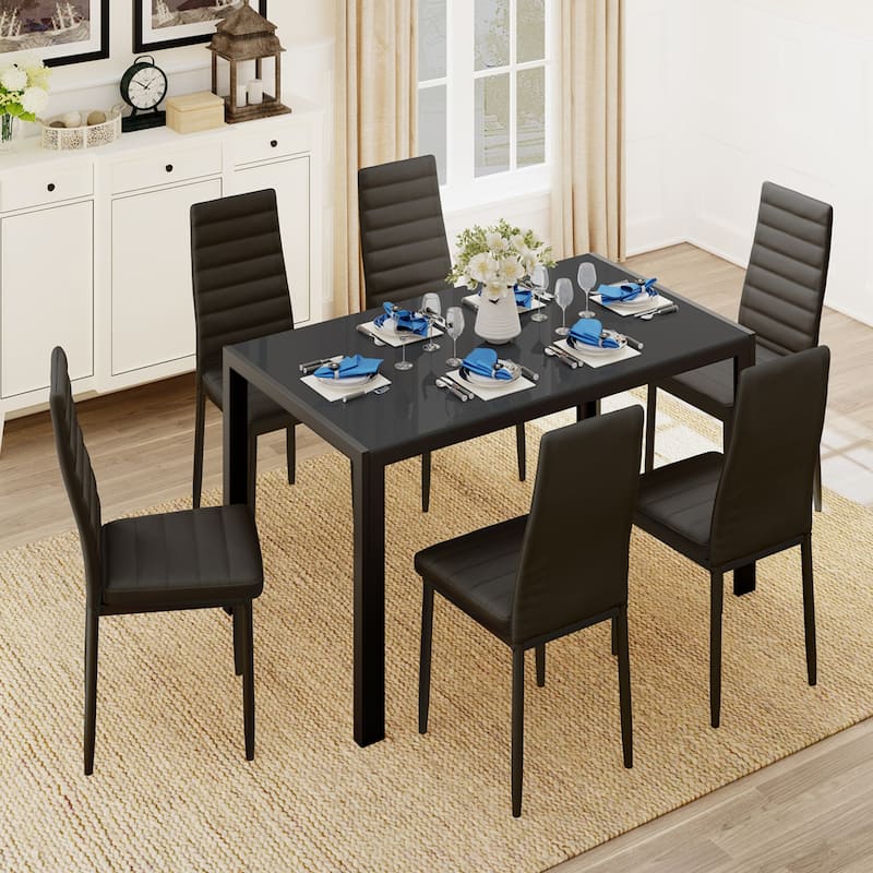 7-Piece Glass Top Dining Table Set for 6 with High Back PU Leather Chairs - Black