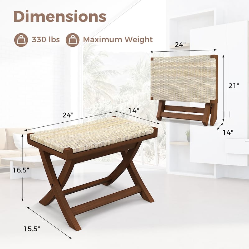 Gymax 2PCS Folding Natural Rattan Ottoman w/Hand-woven Seat & X-shaped