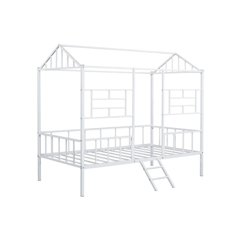 Twin Loft Bed with Angled Ladder and House Design, White Metal Frame, Contemporary Style
