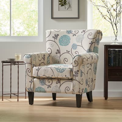 Roomfitters Floral Rolled Arm Accent Chair with Upholstered Seat and Wood Legs, Decorative Reading Chair for Living Room, Beige