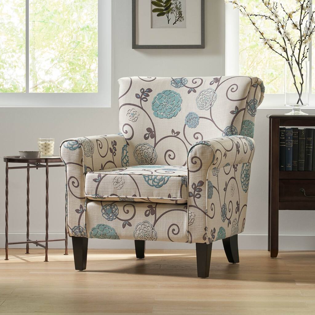 White+Blue Modern 31.75" Upholstered Club Chair with Tapered Birch Wood Legs for Living Room