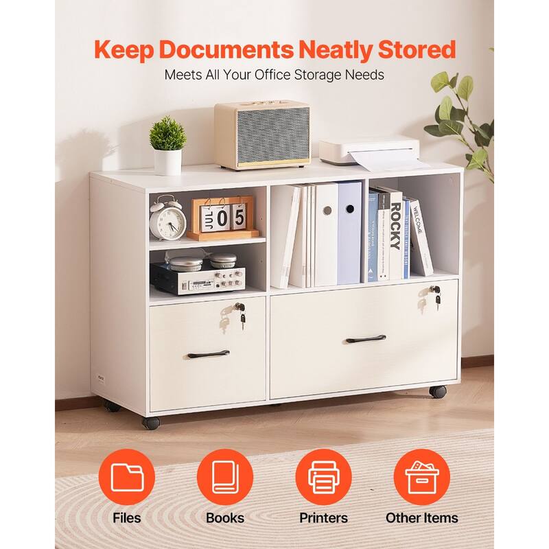 White Particle Board Mobile File Cabinet with 2 Lockable Drawers 4 Shelves and Casters