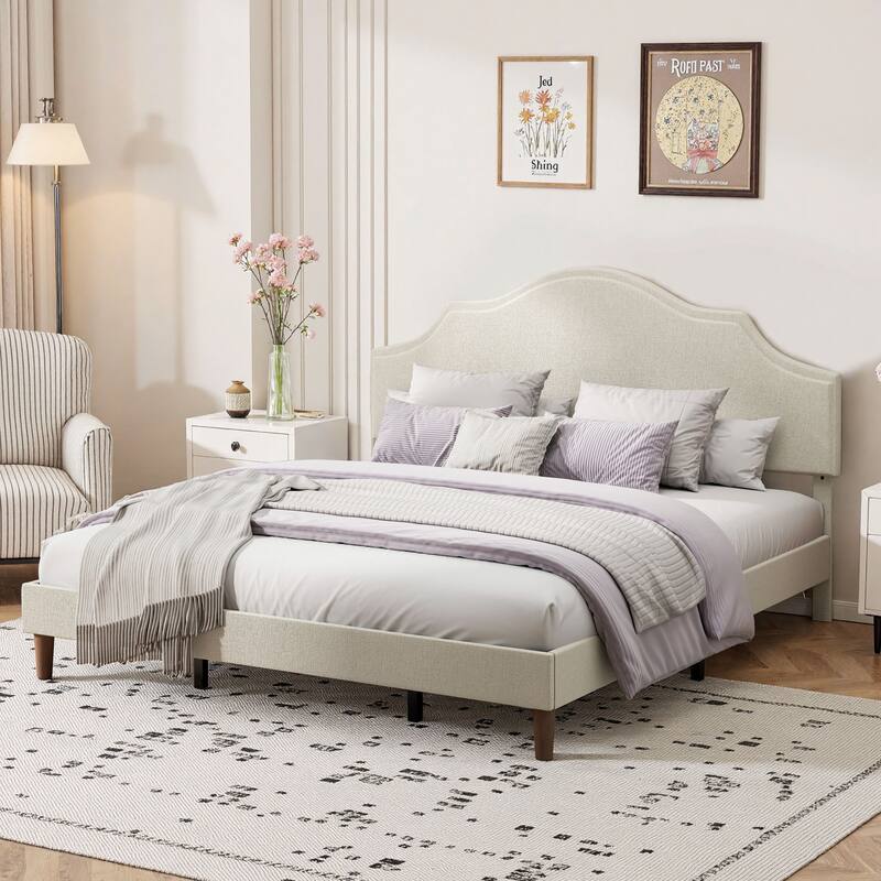 King Size Bed Frame Upholstered Platform Bed with Adjustable Headboard - Beige