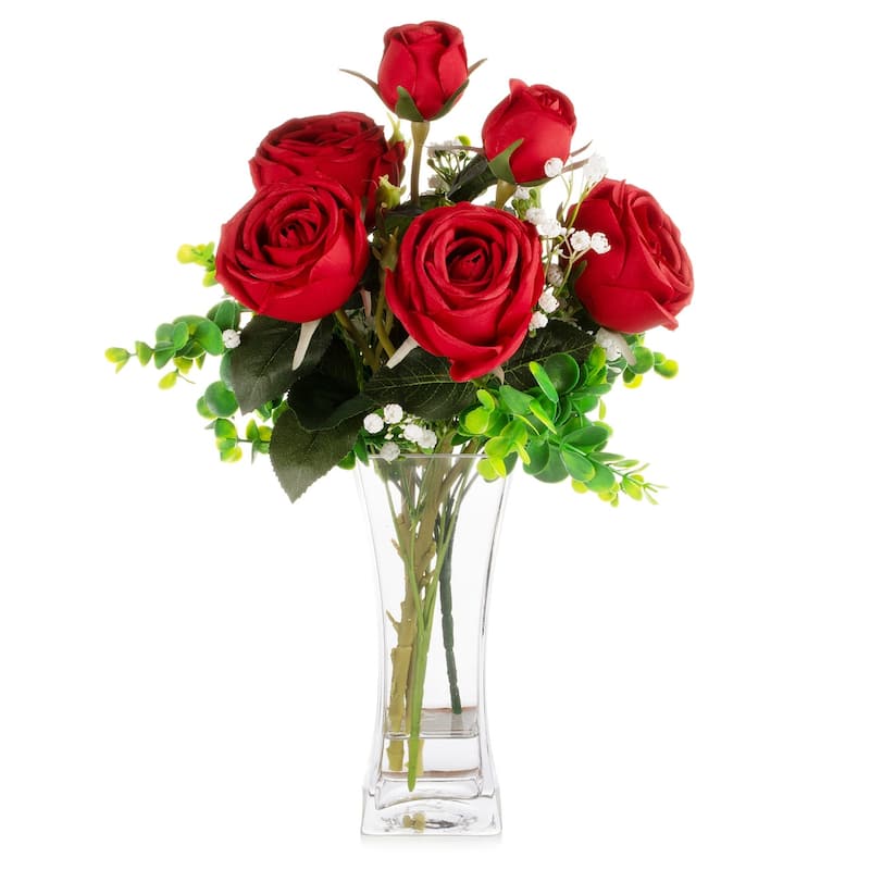 Mixed Artificial Rose Floral Arrangements in Vase Table Centerpieces for Dining Room Decoration - Red