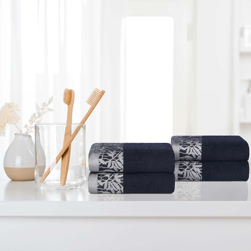 Superior Wisteria Cotton Floral Jacquard Border Hand Towels, Set of 4