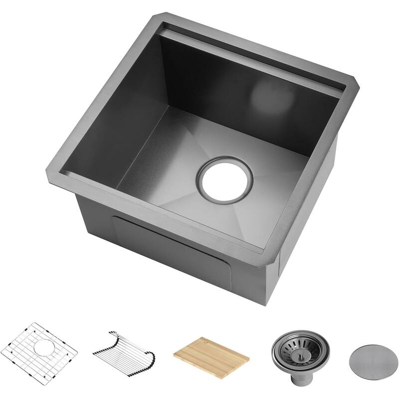 Lefton 17"x17" Stainless Steel Single Bowl Kitchen Bar Sink, Undermount Workstation Sink for RV, 10" Deep, BS2501 - N/A - Grey
