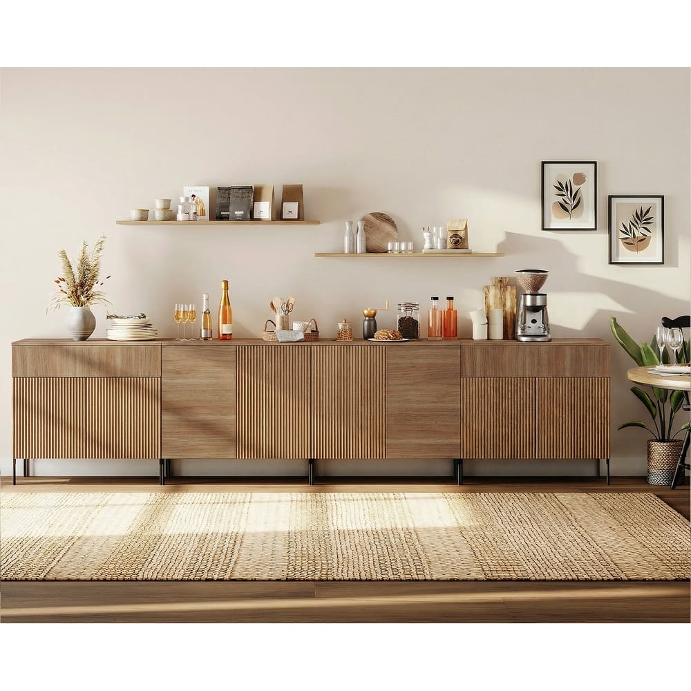 126" Modern Reeded 8-Door Sideboard With Drawers, 4-In-1 Wooden Credenza